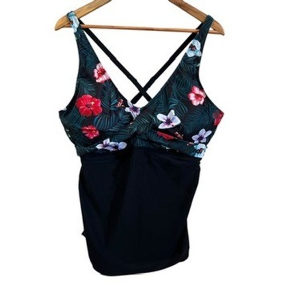 Yonique‎ 20W Plus Size Tankini Swimsuit Top Floral Tropical Black Swimwear